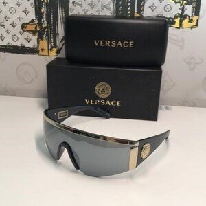 New Versace™ VE2197 Shield Sunglasses – Gold Frame / Grey Mirror Lenses